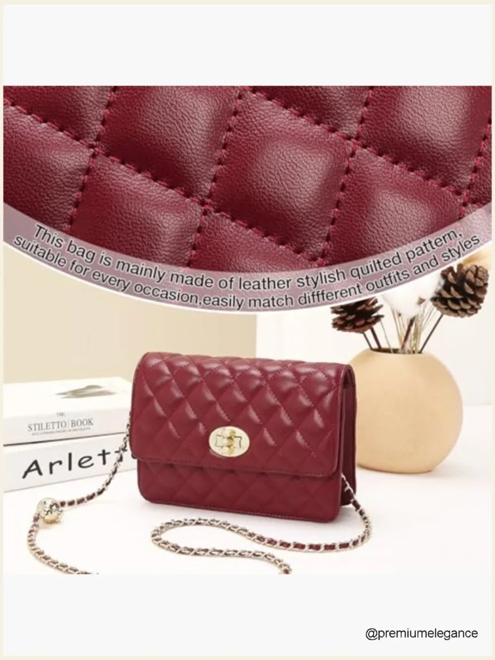 Genuine Leather Quilted Crossbody Bag with Chain Strap